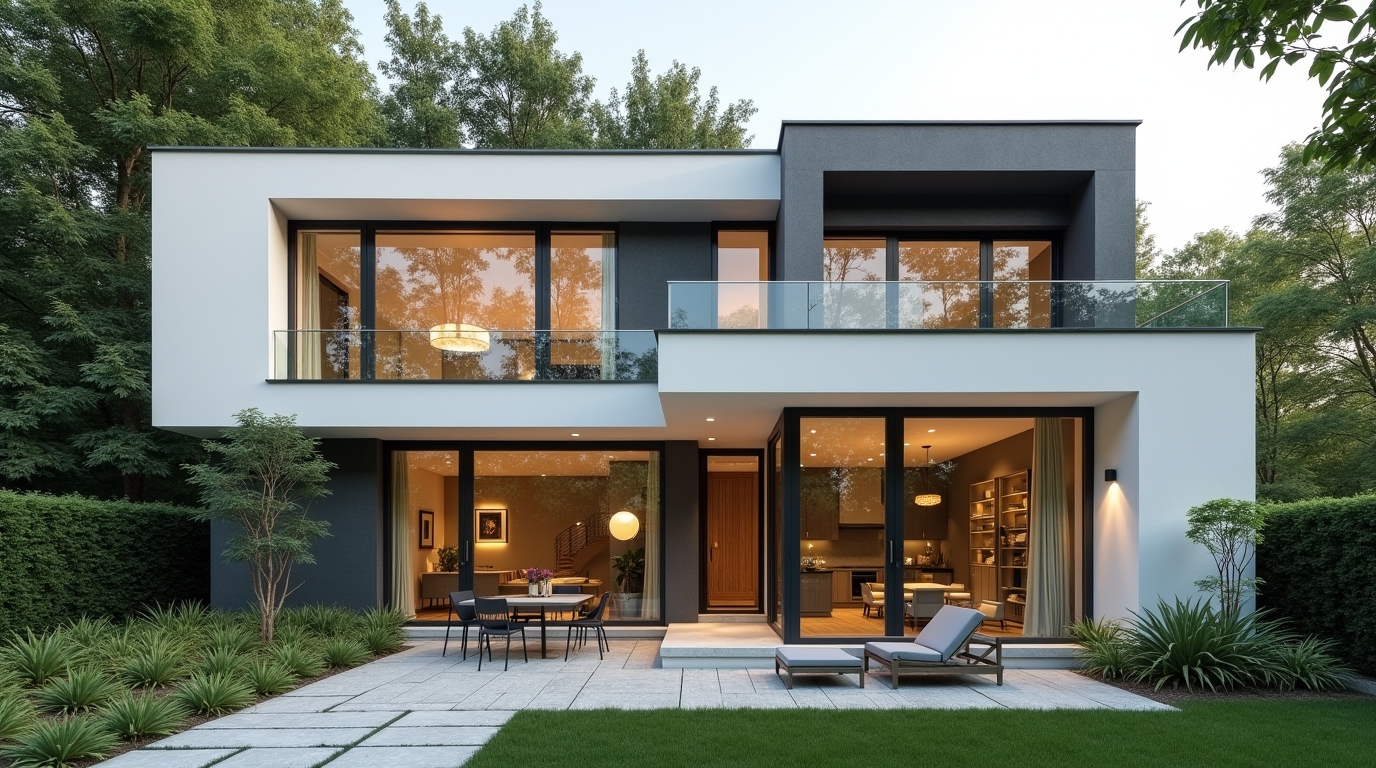 Photo d'une maison moderne avec des fenêtres sur mesure, illustrant leurs avantages par rapport aux dimensions standard.